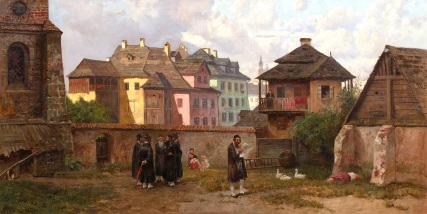 “In Krakow's Kazimierz 1916”. By Józef Rapacki - www.polswissart.pl, Public Domain. https://commons.wikimedia.org/w/index.php?curid=88298612.